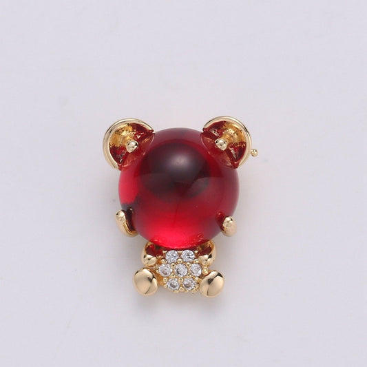 Red Corundum 18K Gold Plated  Micro Pave CZ Bear Pendant Charm, Micro Pave CZ Bear Pendant Charm, Gold Plated Animal Pendant E-560