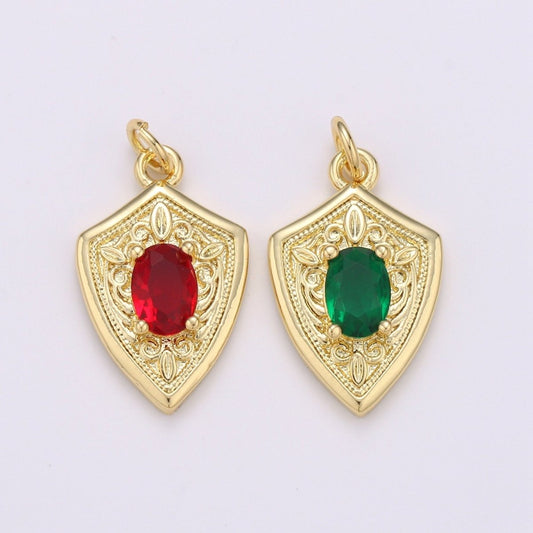 Ruby Cubic Zirconia Charms Pendants-Emerald CZ 14K Gold Filled Medieval Charm, Shield Pendant Necklace Bracelet Supply D-702 D-703