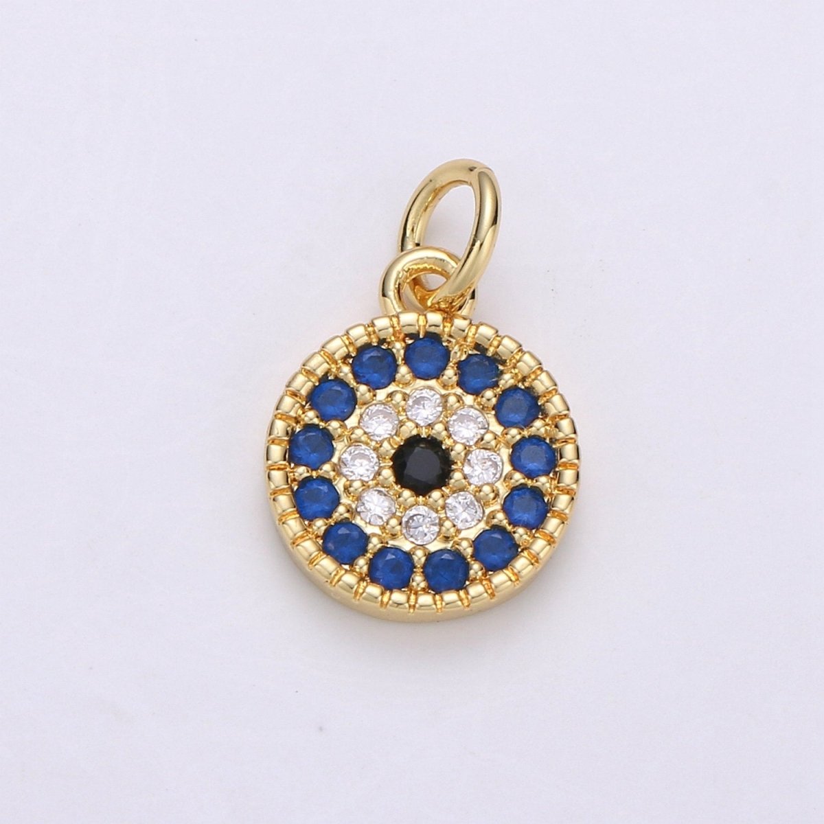 Tiny CZ Blue Micro Pave Coin Charm, Round Disc Pave Charm, Gold Filled Micro Pave Dangle Charms for Necklace Bracelet Earring Supply E580