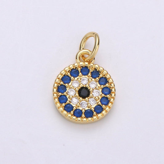 Tiny CZ Blue Micro Pave Coin Charm, Round Disc Pave Charm, Gold Filled Micro Pave Dangle Charms for Necklace Bracelet Earring Supply E580