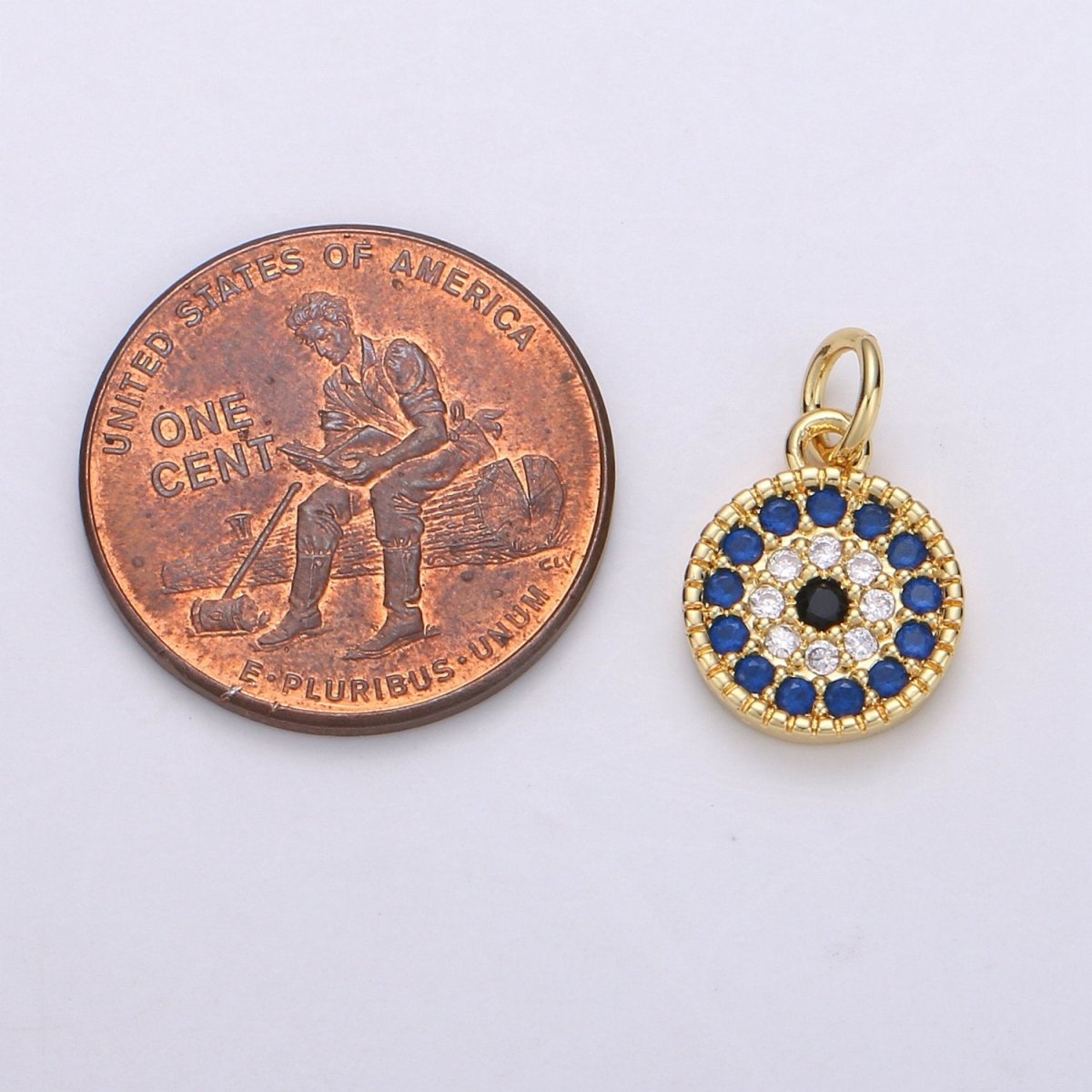 Tiny CZ Blue Micro Pave Coin Charm, Round Disc Pave Charm, Gold Filled Micro Pave Dangle Charms for Necklace Bracelet Earring Supply E580