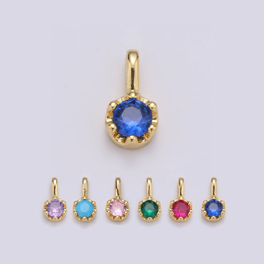 Tiny Dainty Round Gold Charm CZ Cubic Zirconia 10mm Charm Drop Round Small Color Full Cz Birthstone Add on Charm Dangle Charm D-599 to D-604