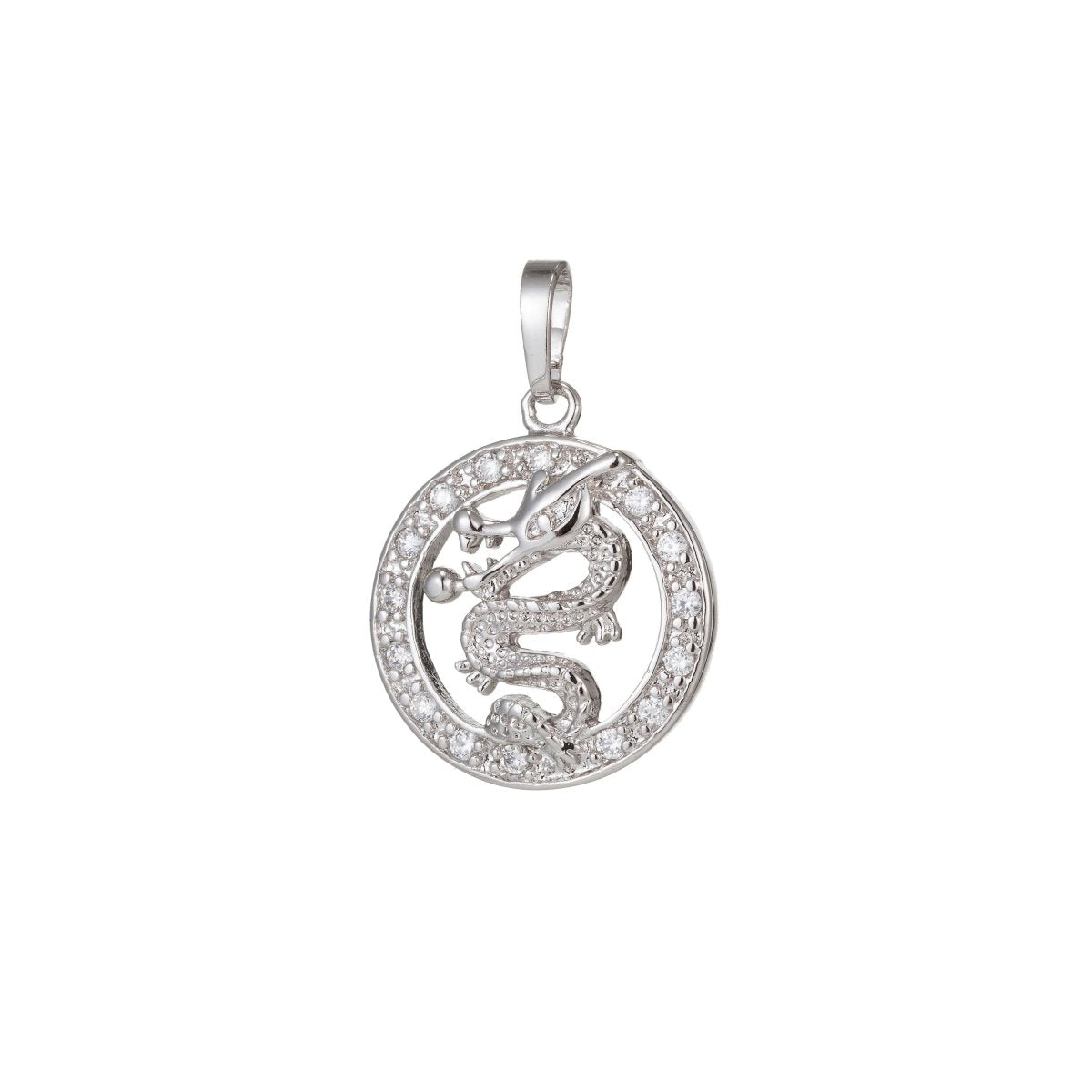 White Gold Filled Micro Pave CZ Dragon Pendant Charm, Dragon Pendant Charm, White Gold Filled Pendant, For DIY Jewelry I-510