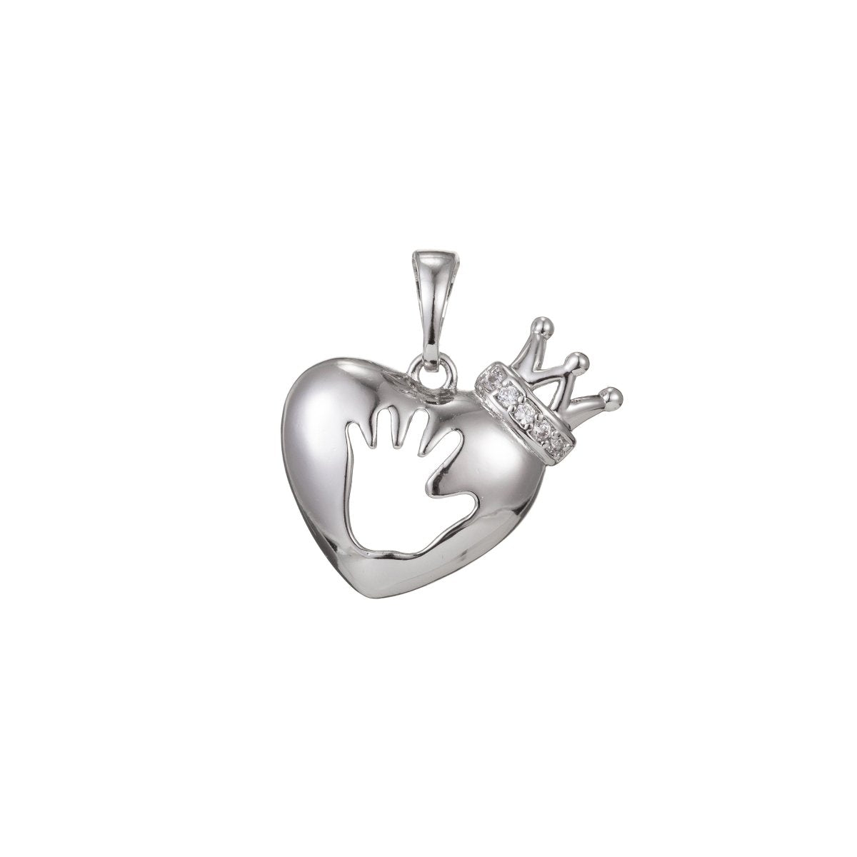 White Gold Filled Micro Pave CZ Heart Pendant Charm, Hand Crown Micro Pave CZ Pendant Charm, White Gold Filled Pendant, For DIY Jewelry I-493