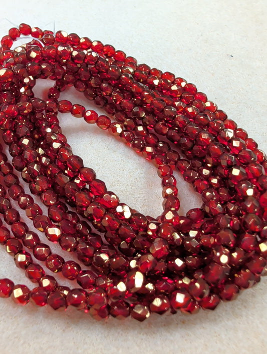 Fire Polish, Round, Ruby Red w/ Gold Finish, 4mm