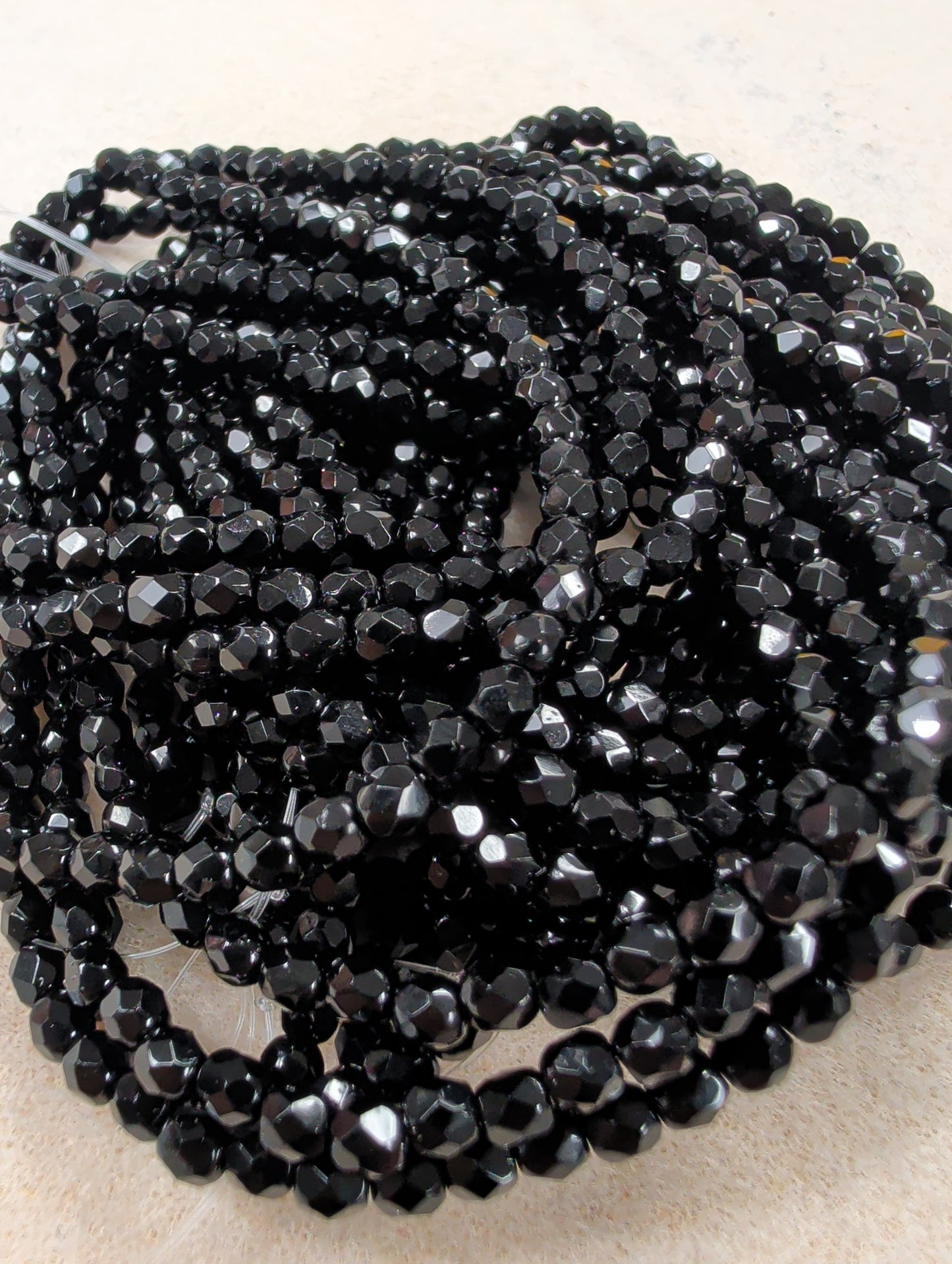 Fire Polish, Round, Black, 4mm