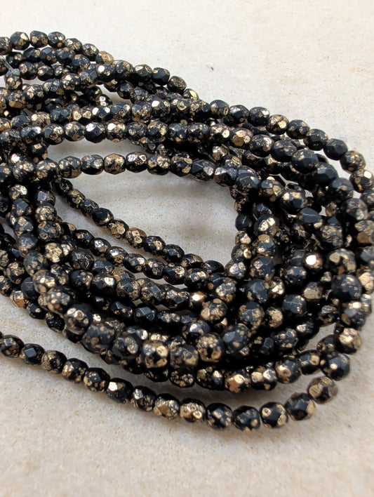 Fire Polish, Round, Black w/ Gold Finish, 4mm