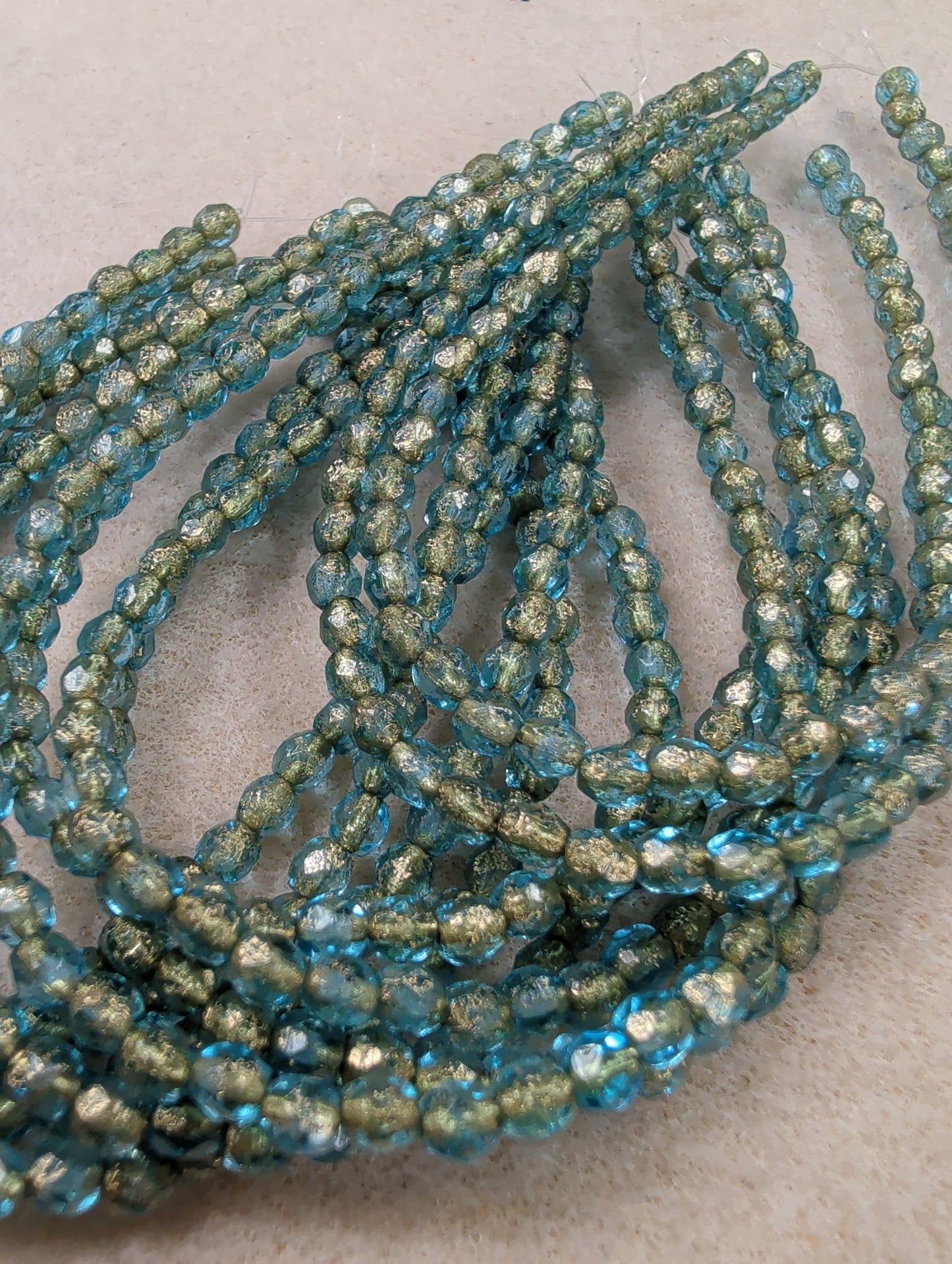 Fire Polish, Round, Pacific Blue w/ Etched Finish & Gold Wash, 4mm