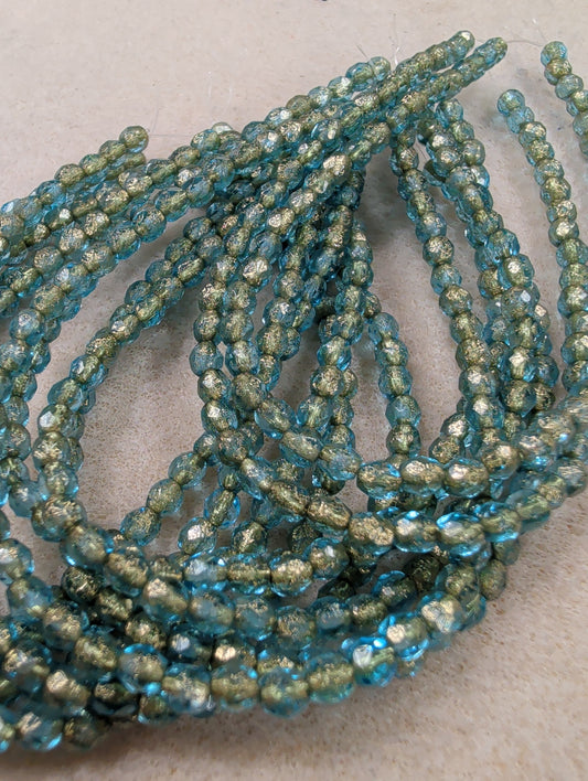 Fire Polish, Round, Pacific Blue w/ Etched Finish & Gold Wash, 4mm