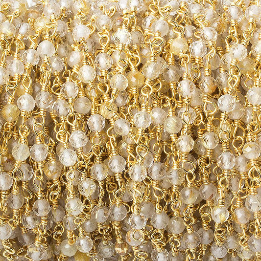 3mm Rutilated Quartz micro-faceted round Gold plated Chain
