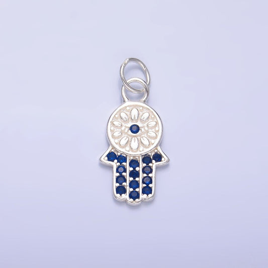 S925 Sterling Silver Blue Micro Paved CZ Hamsa Hand Charm | SL-564