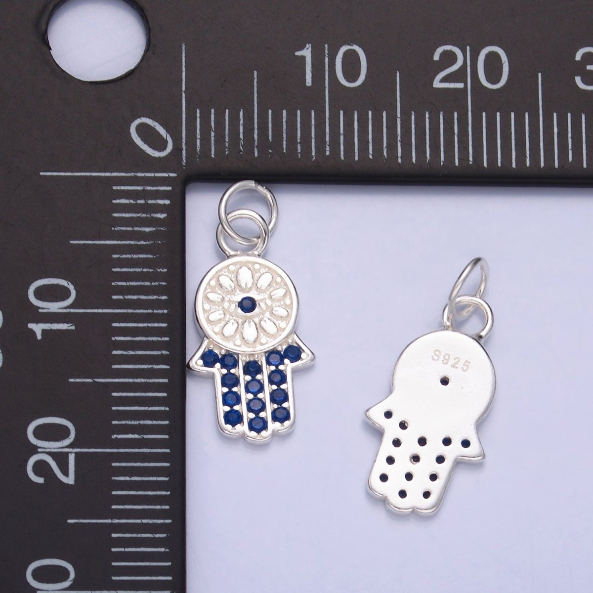 S925 Sterling Silver Blue Micro Paved CZ Hamsa Hand Charm | SL-564