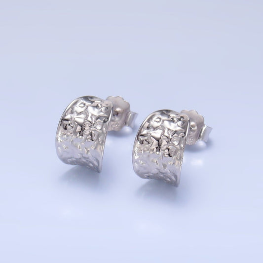 S925 Sterling Silver Hammered C-Shaped Hoop Earrings | SL-582