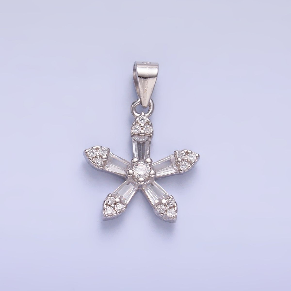 S925 Sterling Silver Micro Paved Baguette CZ Flower Petal Pendant | SL-608