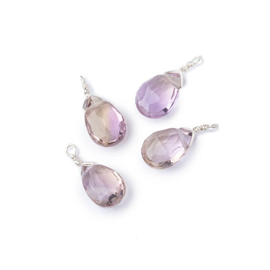 Set of 4 Silver Wire Wrapped 9x6mm Ametrine Faceted Pear Focals