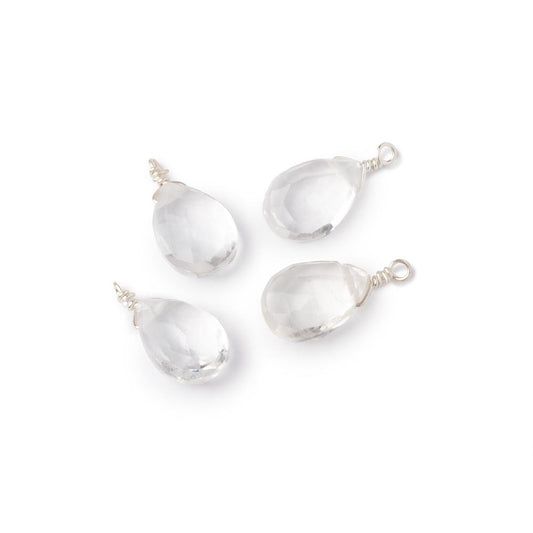 Set of 4 Silver Wire Wrapped 9x6mm Crystal Quartz Faceted Pear Focals