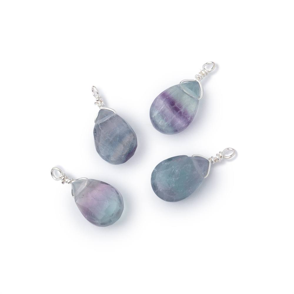 Set of 4 Silver Wire Wrapped 9x6mm Fluorite Faceted Pear Focals