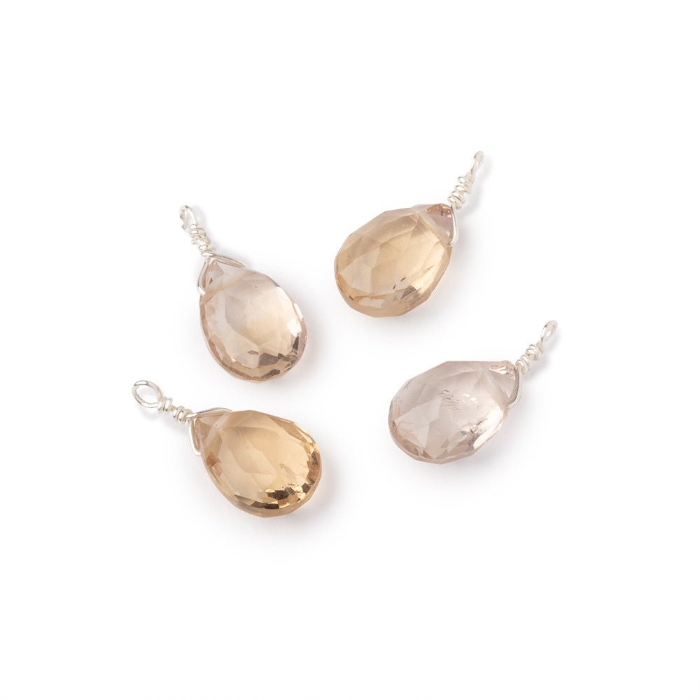 Set of 4 Silver Wire Wrapped 9x6mm Honey Quartz Faceted Pear Focals