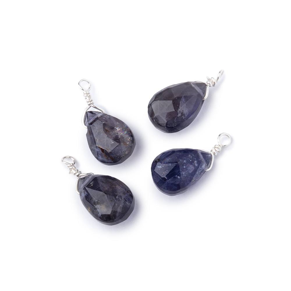 Set of 4 Silver Wire Wrapped 9x6mm Iolite Faceted Pear Focals