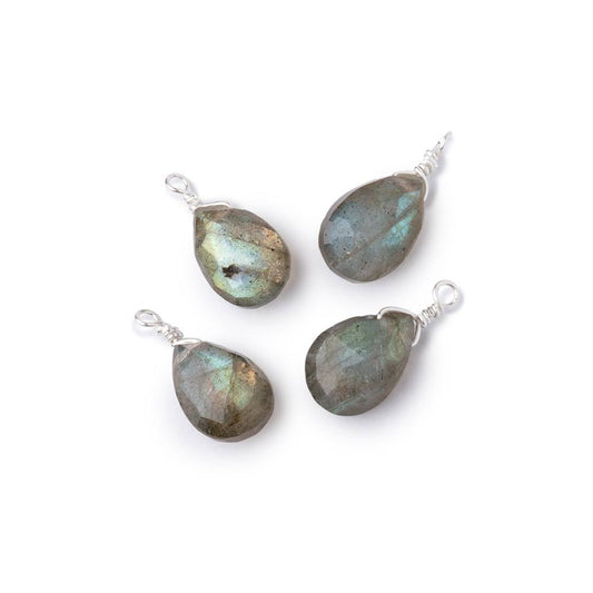 Set of 4 Silver Wire Wrapped 9x6mm Labradorite Faceted Pear Focals