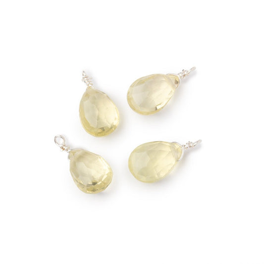 Set of 4 Silver Wire Wrapped 9x6mm Lemon Quartz Faceted Pear Focals