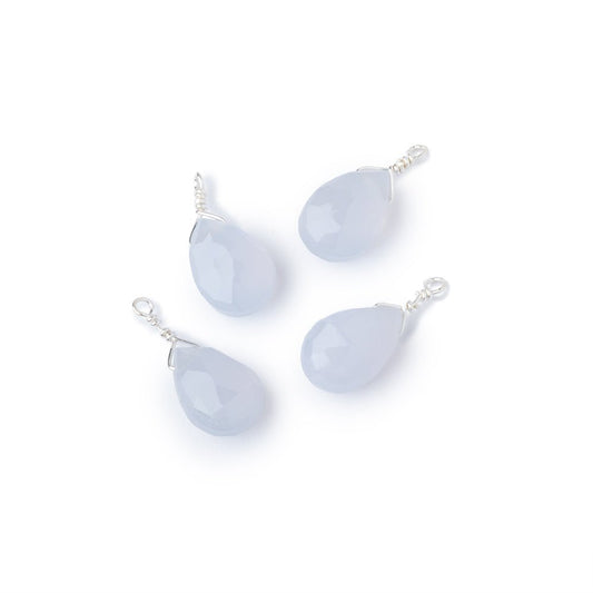 Set of 4 Silver Wire Wrapped 9x6mm Natural Chalcedony Faceted Pear Focals