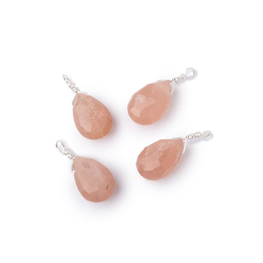 Set of 4 Silver Wire Wrapped 9x6mm Peach Moonstone Faceted Pear Focals
