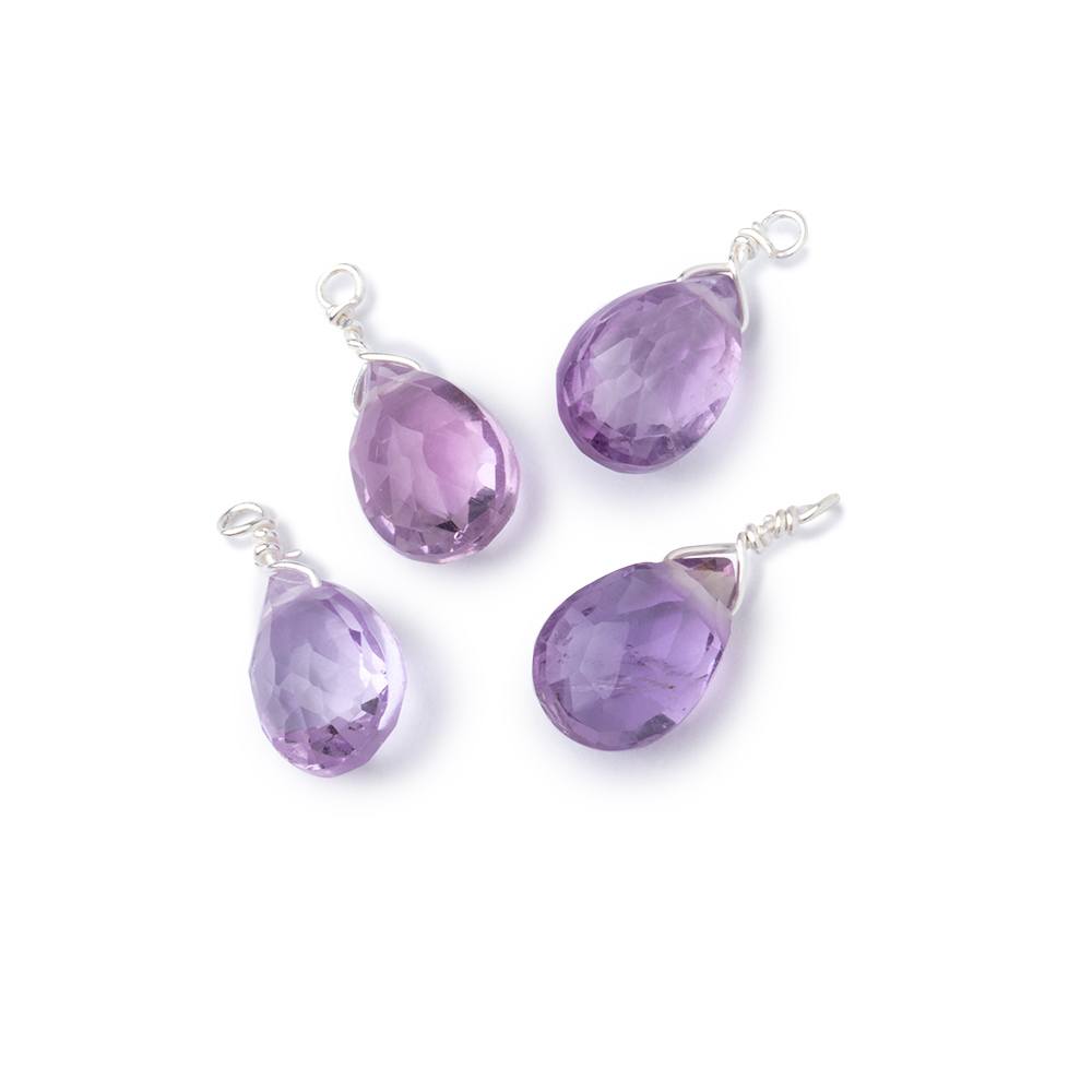 Set of 4 Silver Wire Wrapped 9x6mm Pink Amethyst Faceted Pear Focals