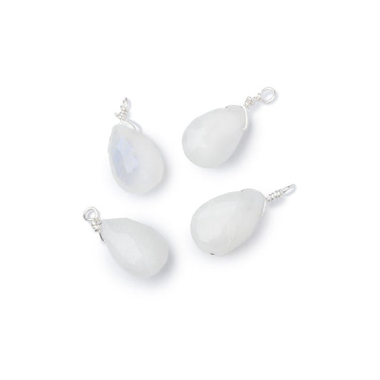 Set of 4 Silver Wire Wrapped 9x6mm Rainbow Moonstone Faceted Pear Focals