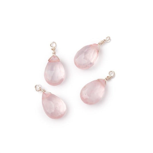 Set of 4 Silver Wire Wrapped 9x6mm Rose Quartz Faceted Pear Focals