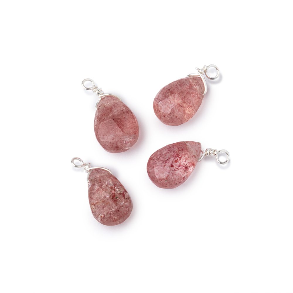 Set of 4 Silver Wire Wrapped 9x6mm Strawberry Quartz Faceted Pear Focals