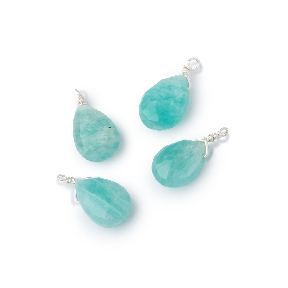 Set of 4 Sterling Silver Wire Wrapped 9x6mm Amazonite Faceted Pear Focals
