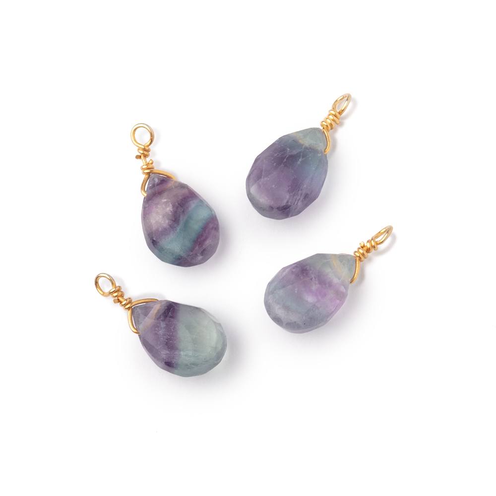 Set of 4 Vermeil Wire Wrapped 9x6mm Fluorite Faceted Pear Focals