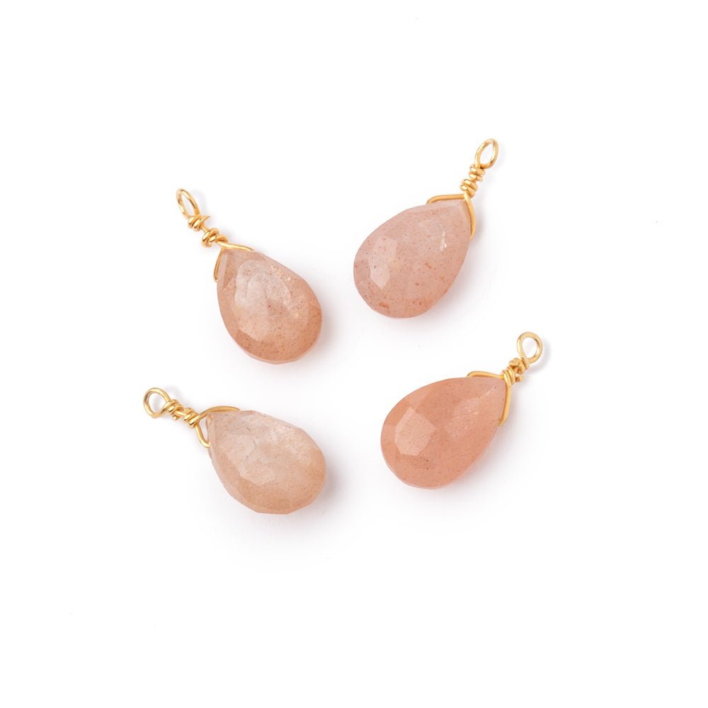 Set of 4 Vermeil Wire Wrapped 9x6mm Peach Moonstone Faceted Pear Focals