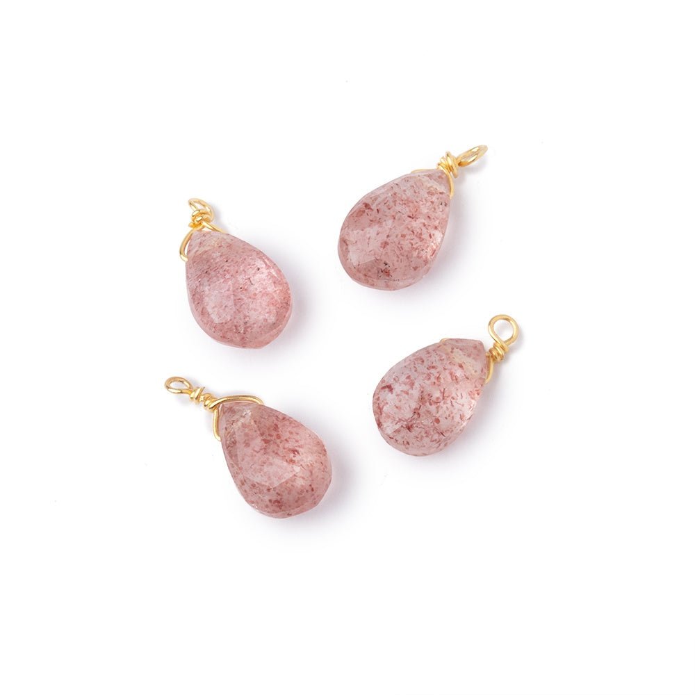 Set of 4 Vermeil Wire Wrapped 9x6mm Strawberry Quartz Faceted Pear Focals