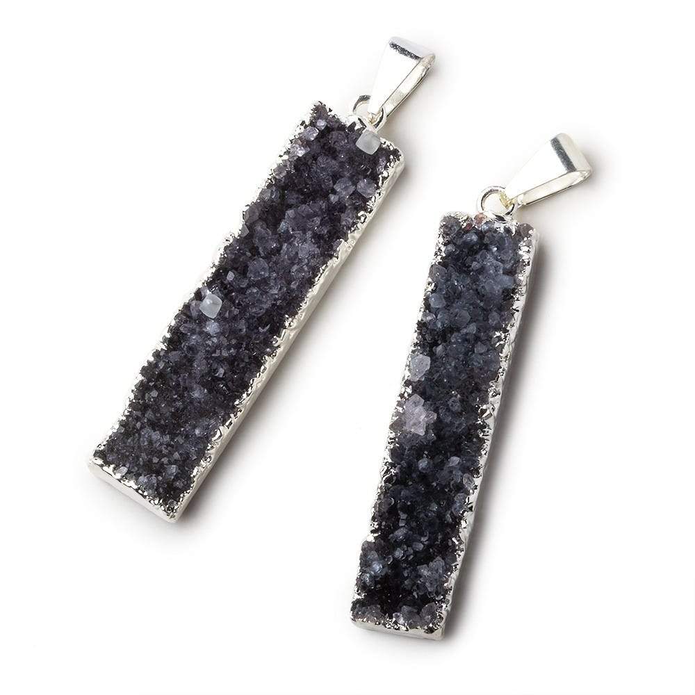 Silver Leafed Amethyst Bar Drusy Pendant with Bail Set of 2 pieces 39x9x7mm  A Grade