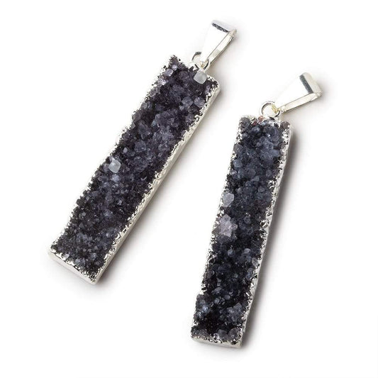 Silver Leafed Amethyst Bar Drusy Pendant with Bail Set of 2 pieces 39x9x7mm  A Grade