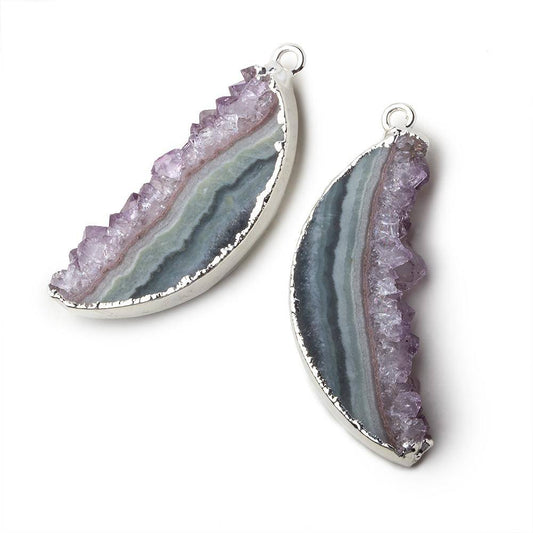 Silver Leafed Amethyst & Matrix Half Moon Drusy Pendant Set of 2 pieces 34x15x5.5mm  A Grade