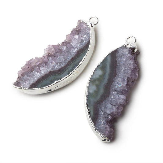 Silver Leafed Amethyst & Matrix Half Moon Drusy Pendant Set of 2 pieces 35x14x6mm  A Grade