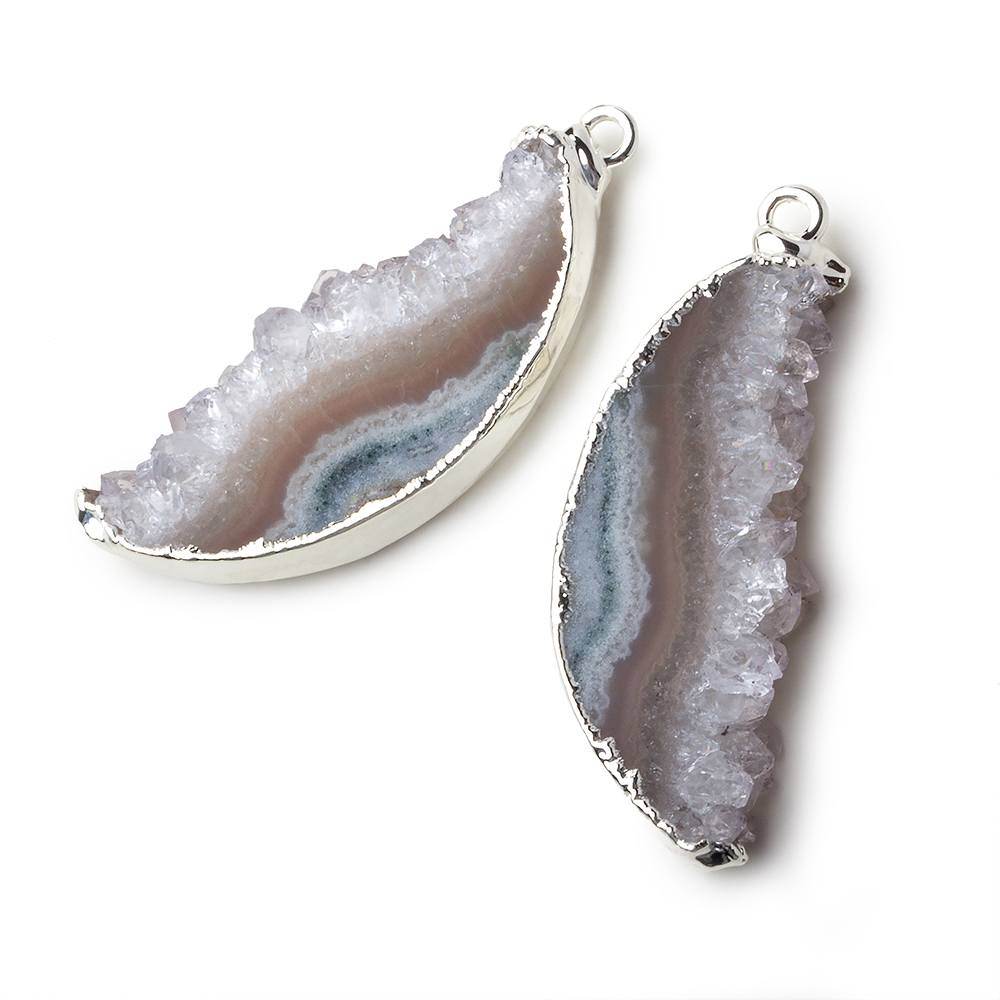 Silver Leafed Amethyst & Matrix Half Moon Drusy Pendant Set of 2 pieces 36x14x6mm  A Grade