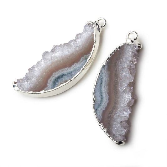 Silver Leafed Amethyst & Matrix Half Moon Drusy Pendant Set of 2 pieces 36x14x6mm  A Grade