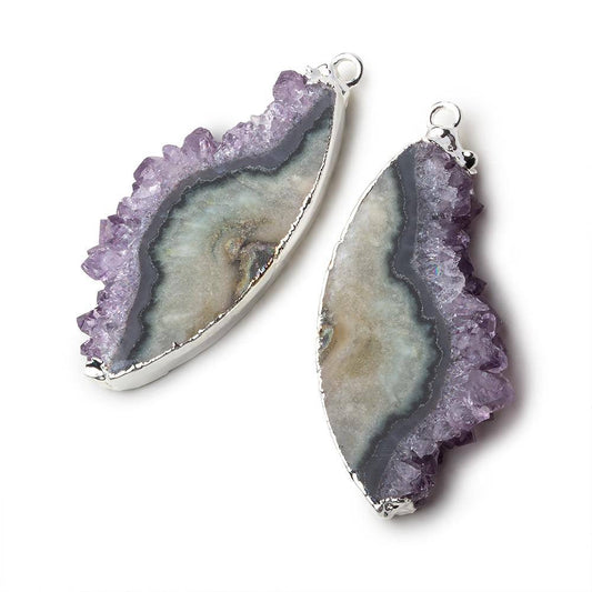 Silver Leafed Amethyst & Matrix Half Moon Drusy Pendant Set of 2 pieces 38x18x5.5mm  A Grade