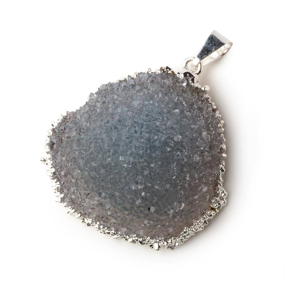 Silver Leafed Blue Grey Convex Drusy Pendant with Bail 1 focal bead 33x36x16mm  A Grade