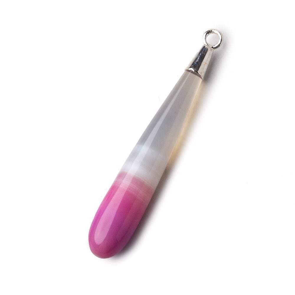 Silver Leafed Hot Pink Banded Agate tear drop Pendant 1 focal bead 40x7mm