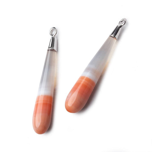 Silver Leafed Salmon Orange Banded Agate tear drop Pendant 1 focal bead 35x6mm