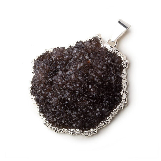 Silver Leafed Smoke Grey Convex Drusy Pendant with Bail 1 focal bead 35x34x10mm  A Grade