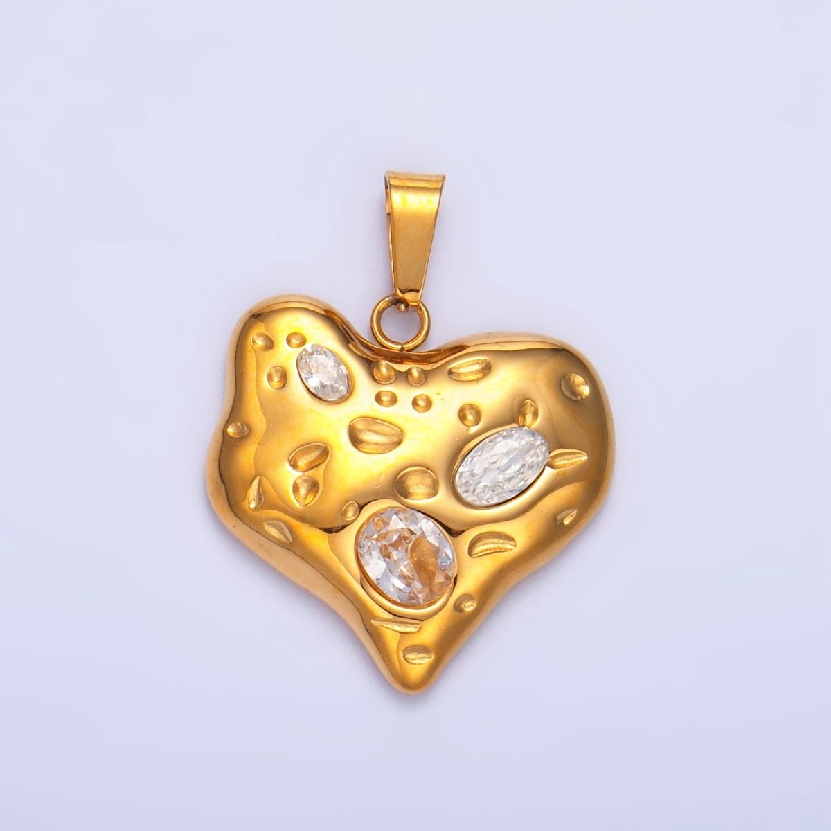 Stainless Steel Clear CZ Hammered Molten Heart Pendant | P1544