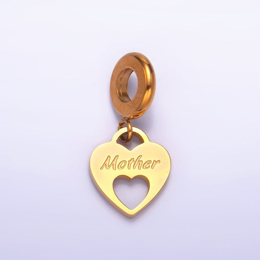 Stainless Steel "Mother" Script Open Heart Padlock Rhondelle Drop Pendant | P1436