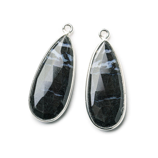 Sterling Silver Bezel Banded Onyx Elongated Faceted Pear Set of 2 Pendants 28x13mm