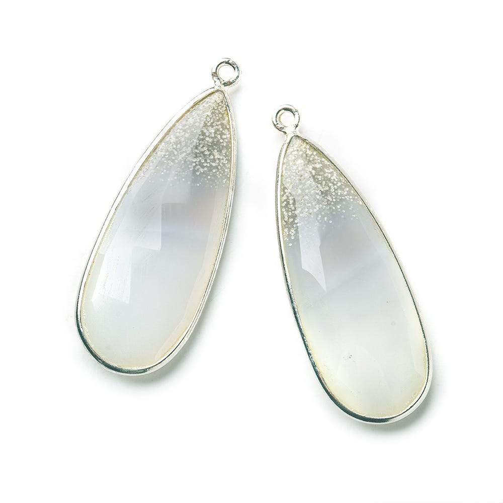 Sterling Silver Bezel Banded White Agate Elongated Faceted Pear Set of 2 Pendants 36x15mm